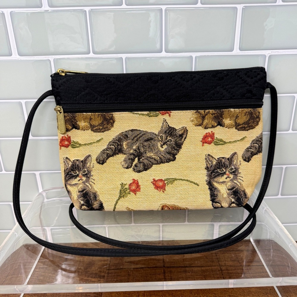 Vintage Danny K. Beverly Hills Cat Tapestry Zipper Purse Crossbody Bag USA